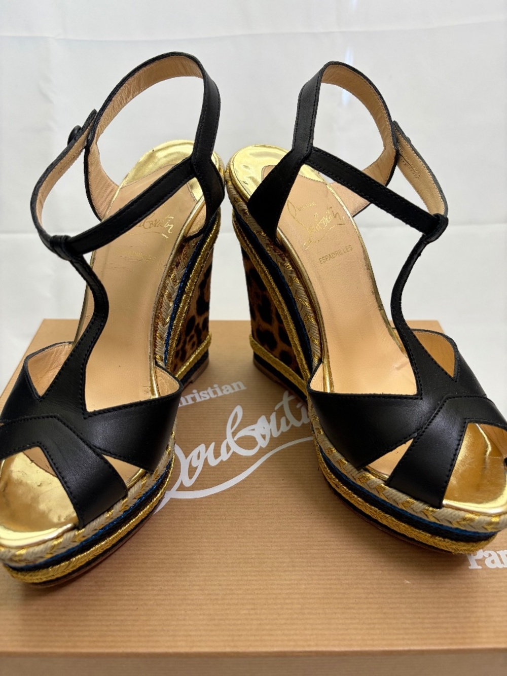 Christian Louboutin Trotolita 140 Wedge in Black/Gold/Leopard Sz 37.5